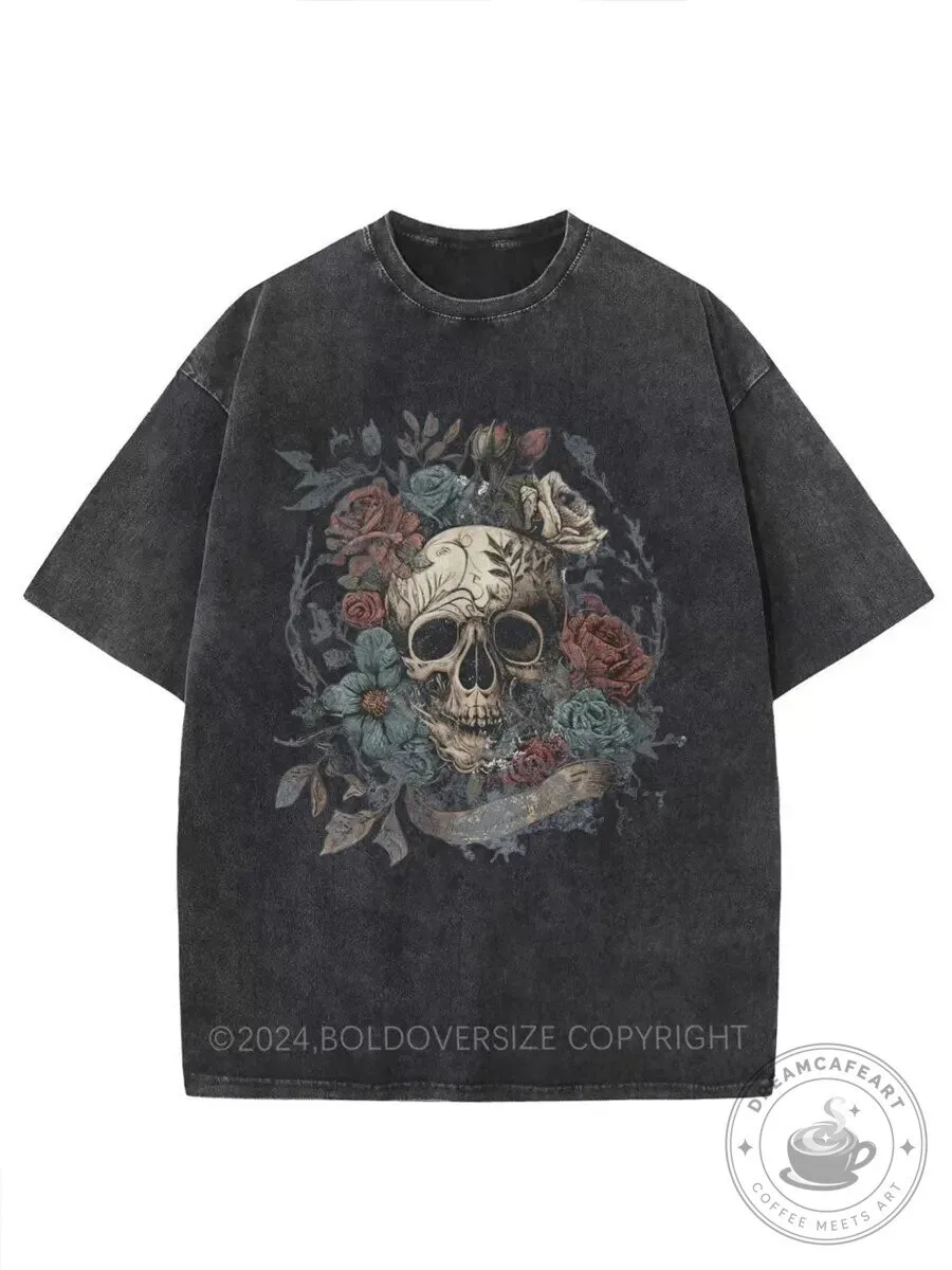 Vintage Rock and Roll Skull and Roses Washed T-Shirt