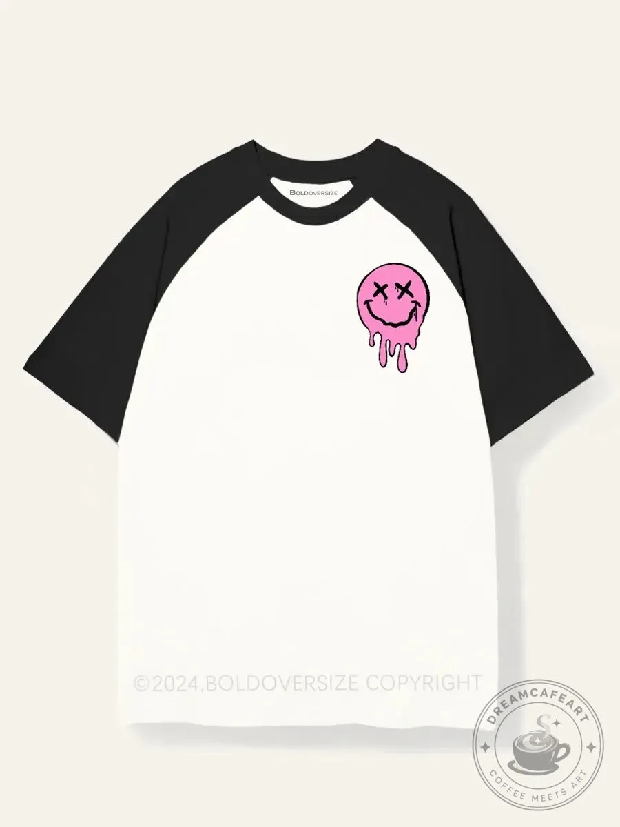 It's Fine I'm Fine Pink Dripping Smiley Face Graphic Raglan T-Shirt