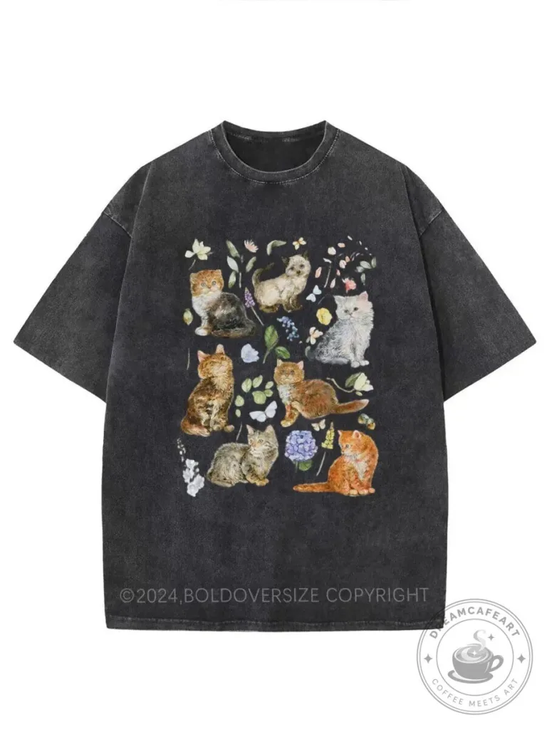 Vintage Cottagecore Cats Washed Graphic T-Shirt