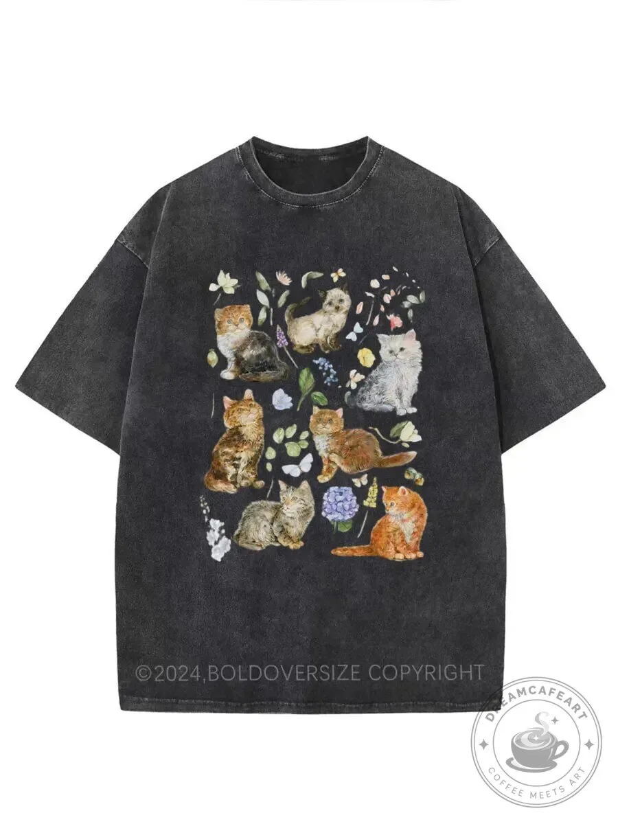 Vintage Cottagecore Cats Washed Graphic T-Shirt