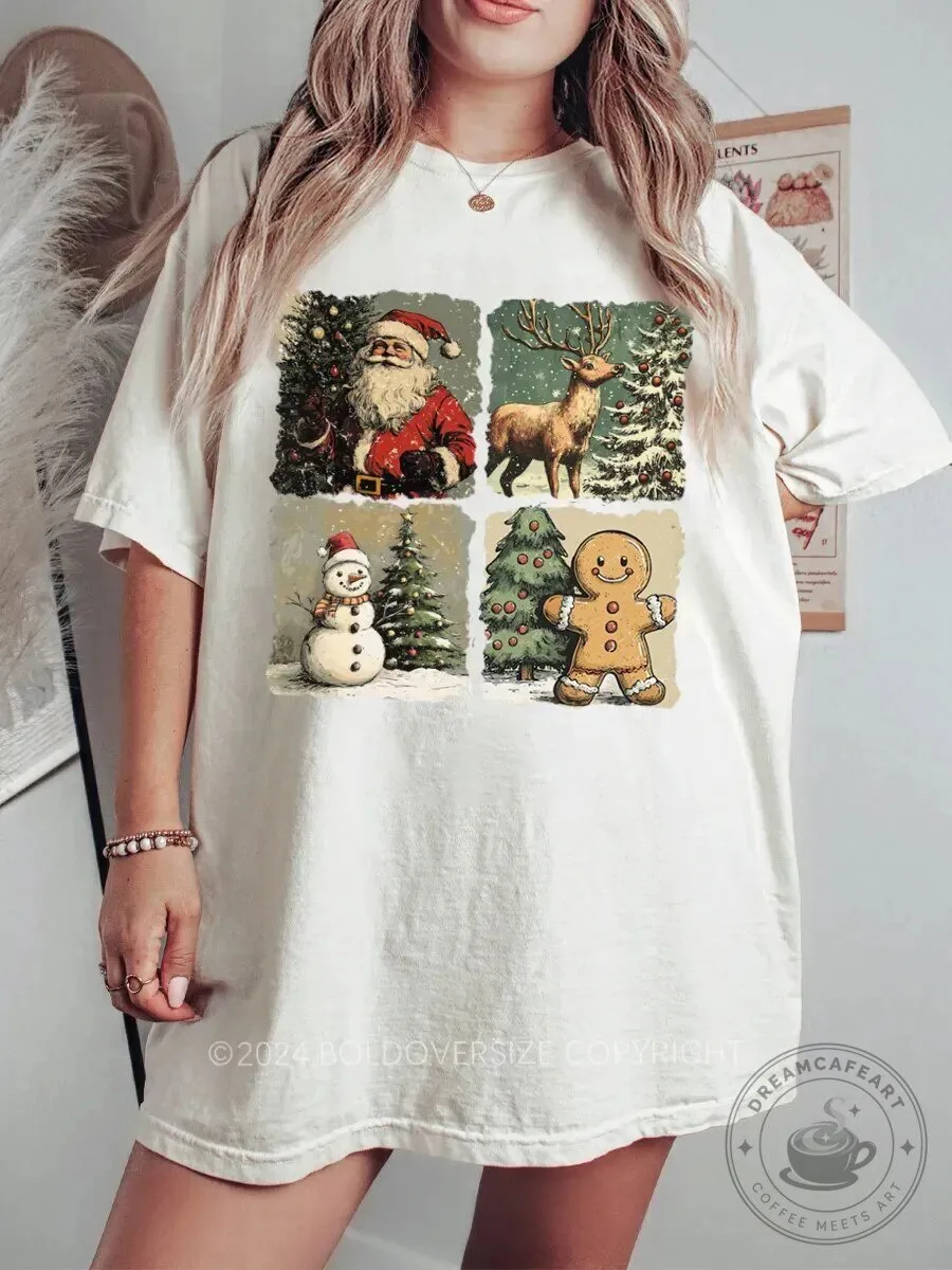 Vintage Christmas Santa Claus Reindeer Snowman Gingerbread Man Holiday T-Shirt