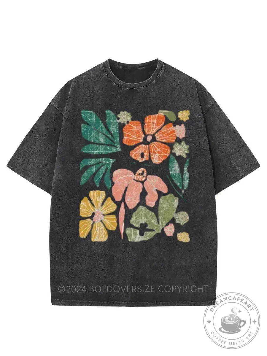 Vintage Washed Floral Graphic Oversized Short Sleeve Cotton T-Shirt