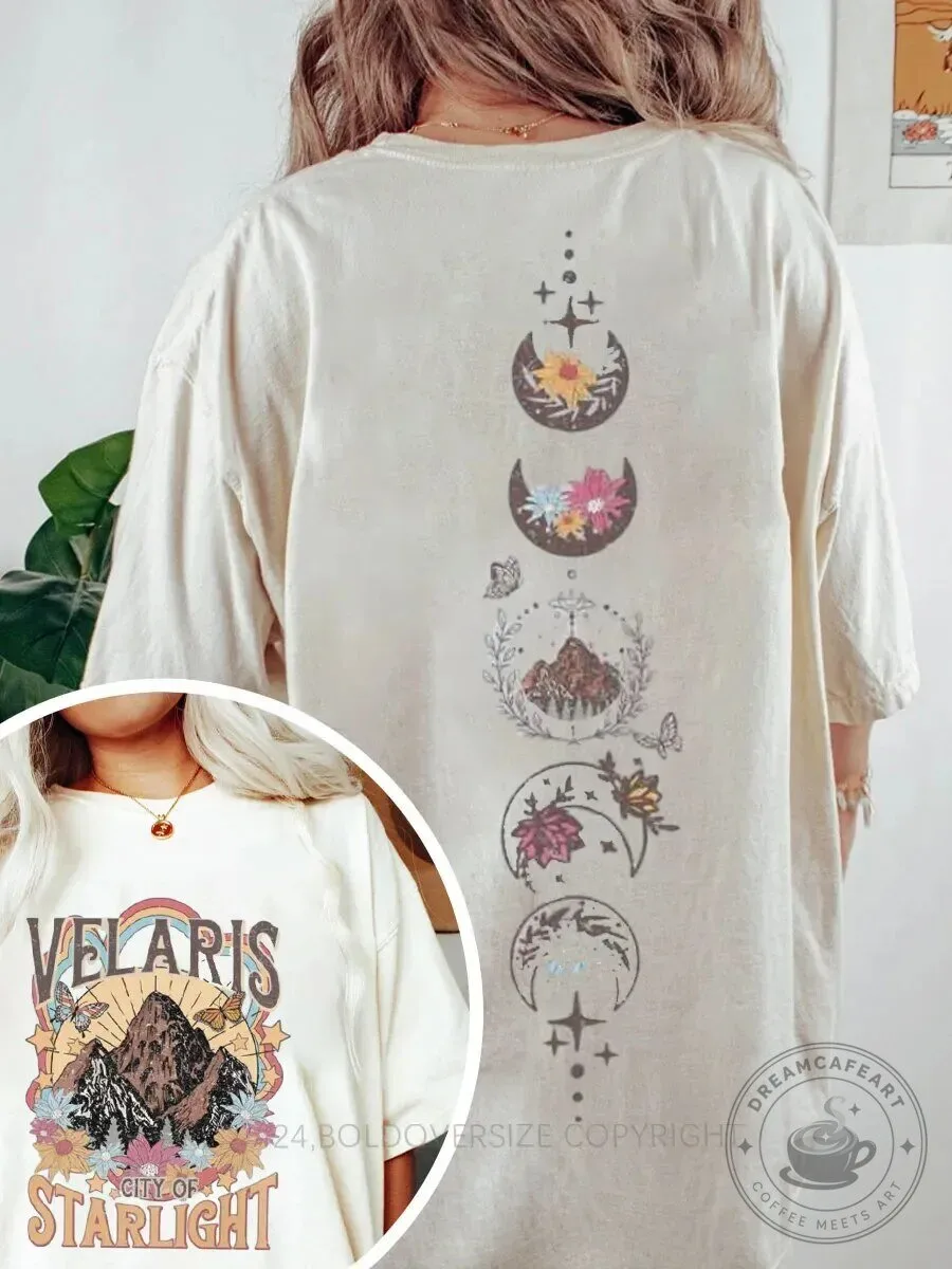 Velaris City of Starlight Mountain and Moon Phases Floral Graphic T-Shirt